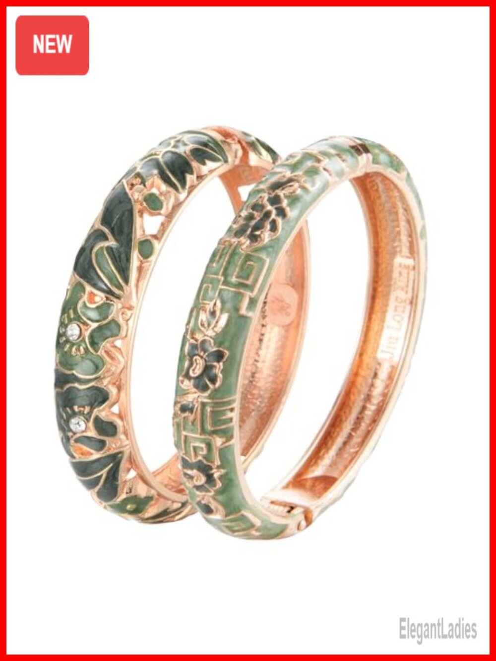 Vintage Cloisonne Enameled Cuff Bracelet Set Rhinestone Rose Hinged Bangle